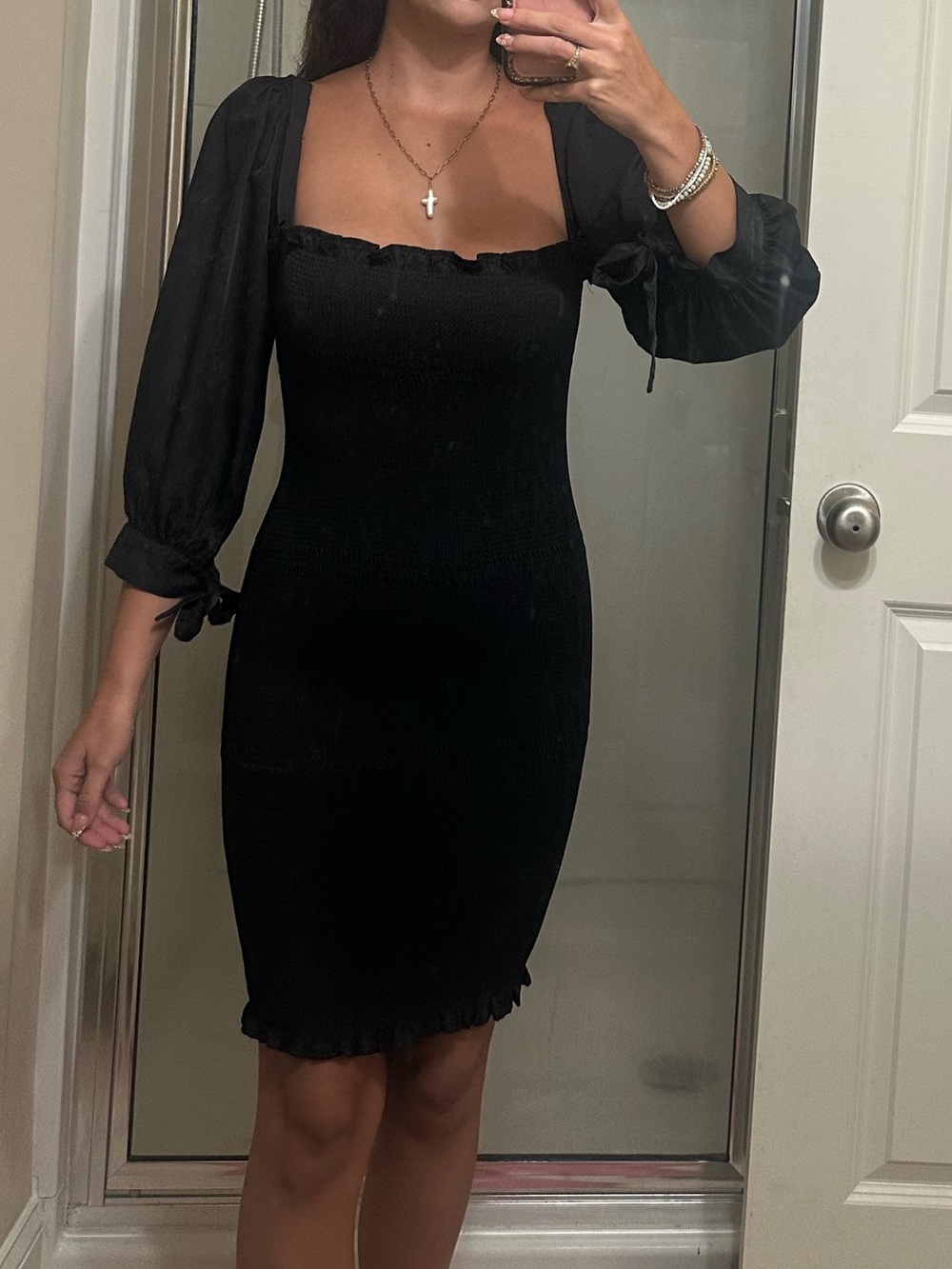 Black Puff-Sleeve Midi Dress with Square Neck